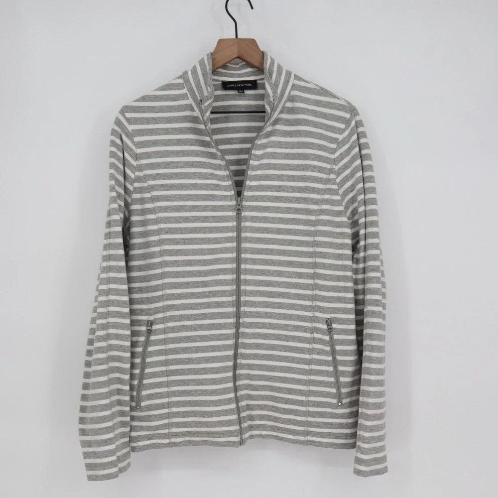 Jones New York Jacket Women XL Gray White Striped Cotton Stretch Full Zip Pocket